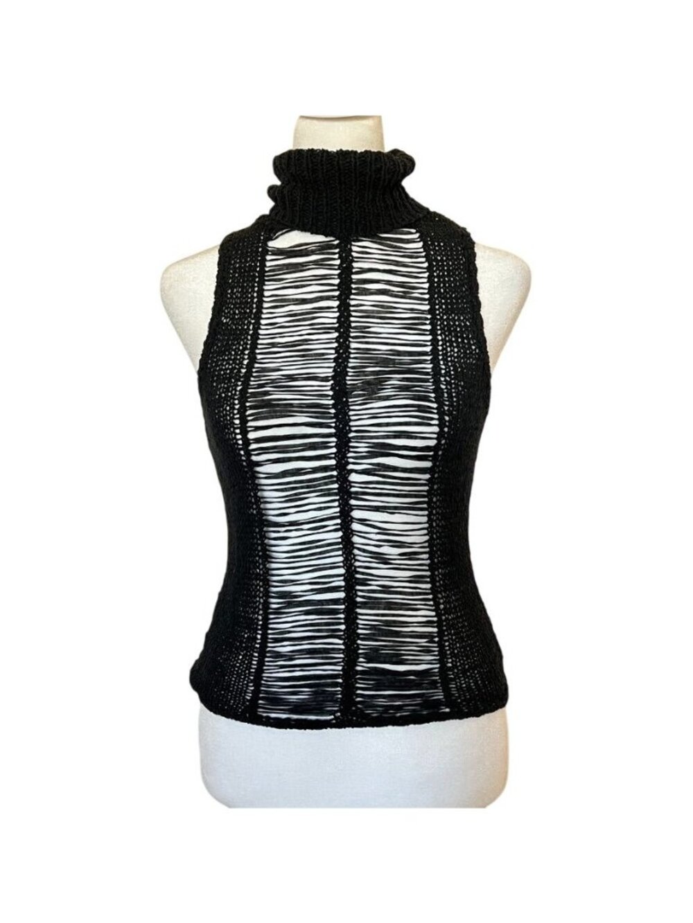 Cybergoth XS Top Open Weave Knit Mesh Shredded Panel Mock Neck Indie Sleaze Club